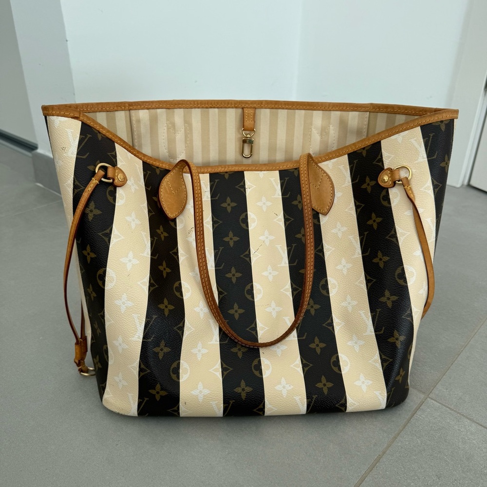 Louis Vuitton Rayures Neverfull MM Monogram Stripe Tote Bag Purse Brown Ivory - Picture 2 of 16